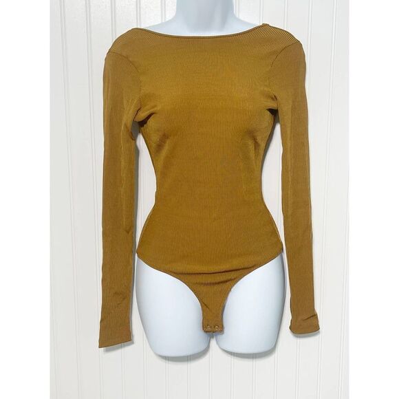 Goldsign The Rib Deep Bodysuit NWT Long Sleeve‎ Golden Yellow Ochre Small - Picture 2 of 16